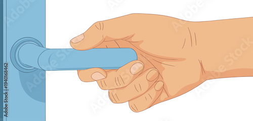 Hand pressing door handle illustration, human hand opening lever handle on door, home entrance access concept vector drawing