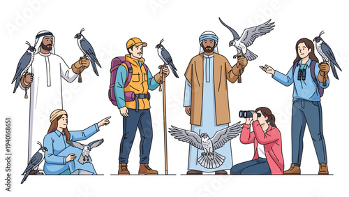 Large group of people from different cultures engaged in falconry activities with hawks and binoculars in a clean line arrangement.