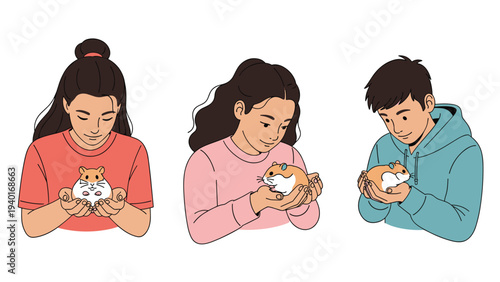 Three teenagers gently holding small hamsters in their hands expressing care and companionship with their favorite household pets.