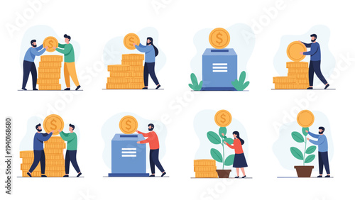 Illustrations of people saving money, making donations to charity, and investing in growth for future financial success and wealth.