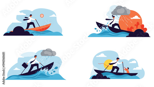 Conceptual business metaphors showing entrepreneurs navigating waves in boats to reach their goals through sunshine and heavy rain.