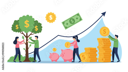 People working together to grow wealth through savings, investments, and smart financial planning represented by a growing money tree.