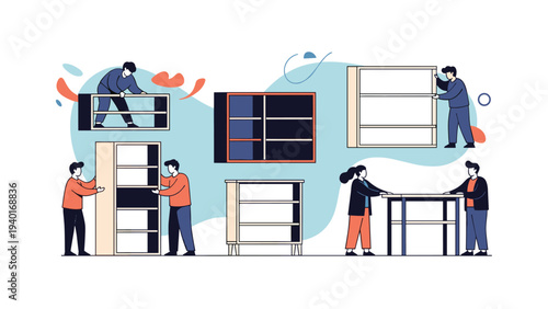 Workers moving and assembling various office furniture items including shelving units and desks in a professional business setting.