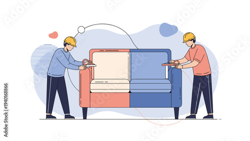 Two delivery workers in yellow hard hats using tape to wrap a large bicolor sofa for safe transportation and shipping to customers.