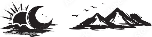 Moon and Mountain Illustration Bundle | Nature & creative Black Vector Art Illustration.