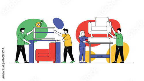 Movers and workers carrying and stacking various furniture pieces like chairs and tables during a professional relocation process.