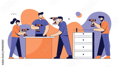 Team of professionals using power drills to construct and assemble white furniture pieces in a busy workshop or home setting.