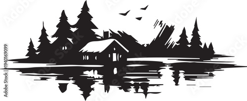 Lakeside Cabin Silhouette Illustration | Rustic Nature creative Vector Art .
