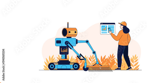 Smart farming concept with an agricultural robot working in a field while a woman farmer monitors performance on a mobile tablet.