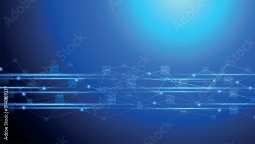 Abstract blue background with glowing lines, interconnected dots, and geometric shapes representing digital data flow and network connections.