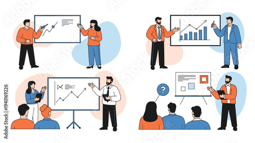 Set of business presentation scenes showing speakers using whiteboards and charts to explain complex data to a diverse audience.