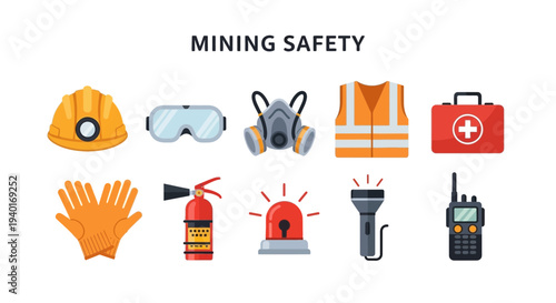 Illustration of ten mining safety items arranged in two rows