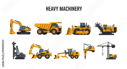 Set of ten different yellow heavy machinery illustrations on a white background