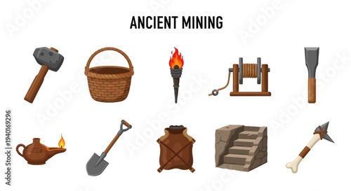 Ten icons depicting tools and structures for ancient mining operations