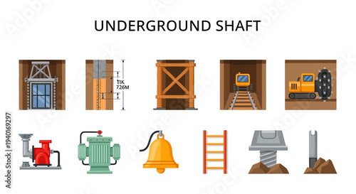 Illustrations of underground shaft components including machinery structures and depth measurement