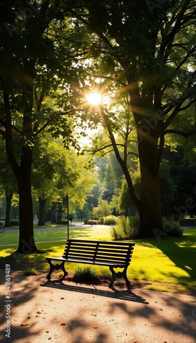Sunlight dapples through lush canopy onto a secluded park bench Idyllic nature spot,  sunlight,  peaceful