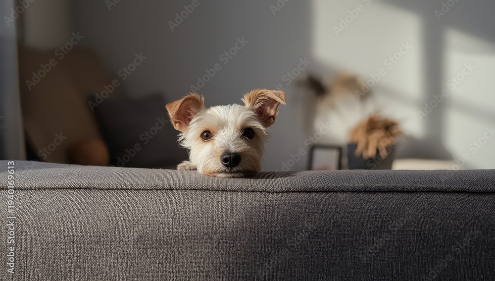 Naklejka premium A wire-haired fox terrier looking over a couch, searching for a dog treat