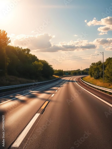 Empty highway curves ahead under bright summer sky,  plain,  no cars
