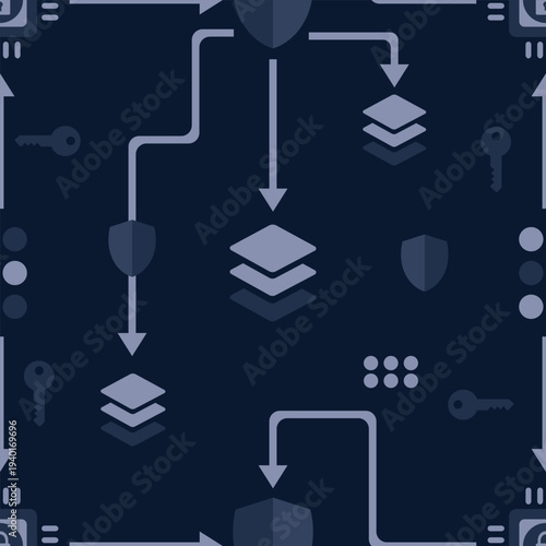 Concept AI Encryption Layer System Seamless Pattern: Vector illustration of cryptographic keys and shields for secure data processing and privacy protection in AI models