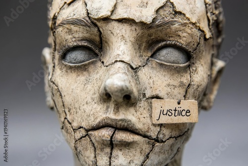 selective focus cracked statue head with a message tag reading justice on neutral background
