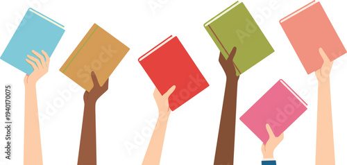 Diverse hands holding books symbolizing education knowledge reading culture learning vector illustration concept
