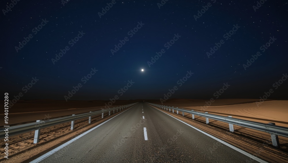 Obraz premium Desert road at night featuring three walk barriers