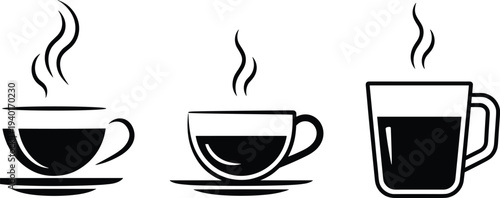 Hot coffee cup icon set with steam, tea mug beverage silhouettes collection, cafe drink symbols isolated vector illustration