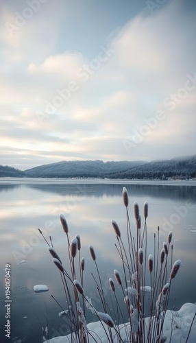 A frozen lake reflecting the muted tones of a winter sky with snow-dusted reeds,  blue hour,  tranquil