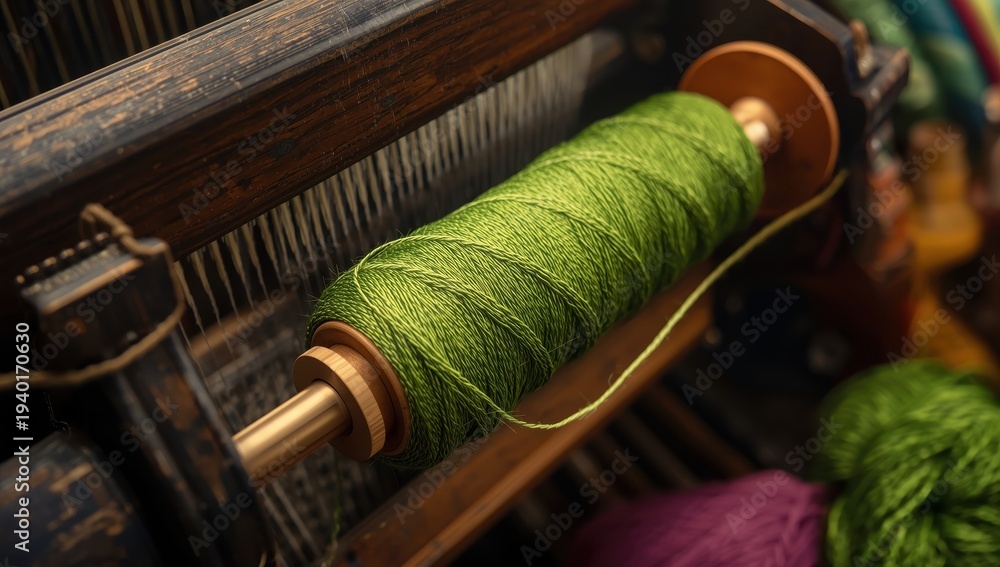 Fototapeta premium Detailed view of green cotton yarn on an old weaving loom