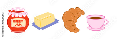 Illustrated Breakfast Set with Berry Jam, Butter, Croissant, and Coffee in Hand-Drawn Style