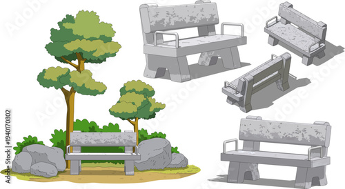 A stone bench with backrest and armrests in a serene park setting, illustrated from various angles for a detailed design overview.