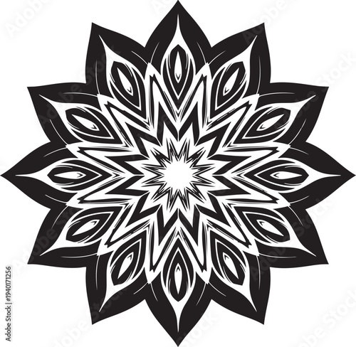 Black and white abstract radial symmetrical pattern with sharp pointed shapes