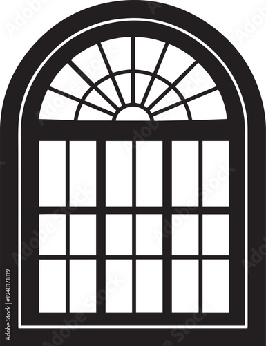 Black arched window with grid panes and white outline