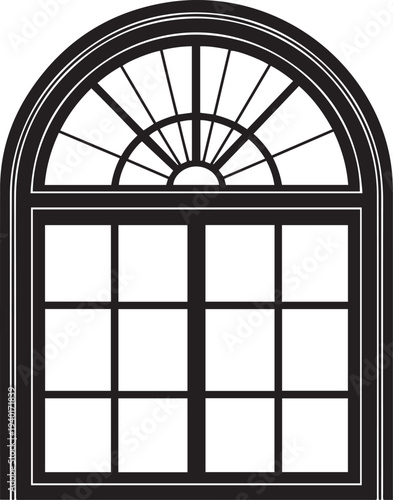Black arched window with grid panes and fanlight detail