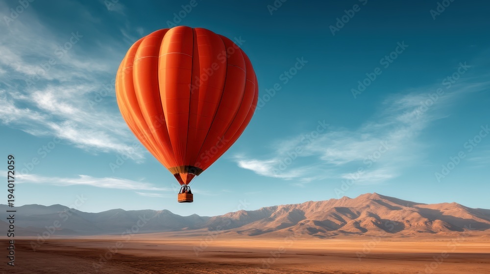 Fototapeta premium A vibrant hot air balloon floats majestically above a stunning desert landscape, showcasing adventure and exploration against a backdrop of natural beauty and vastness.