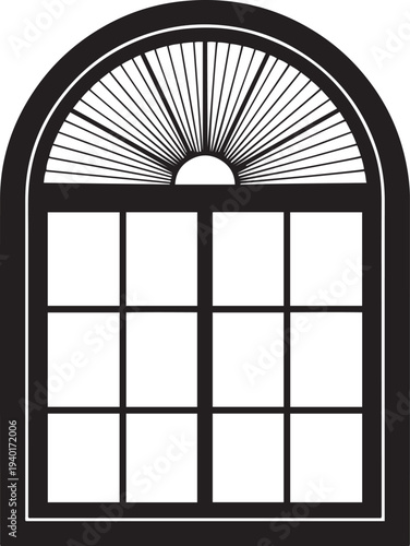 Black arched window with radiating sunburst fanlight and grid panes white