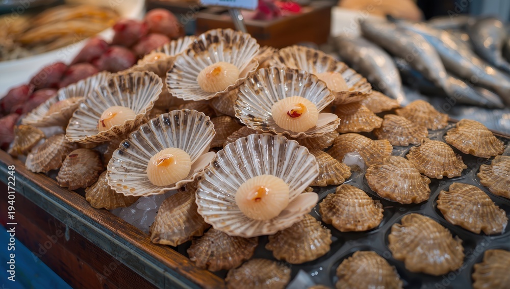 Fototapeta premium Newly caught French scallops at Dieppe seafood market