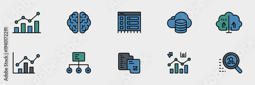 Agentic AI analytics and big data icons – Ideal for machine learning articles, financial forecasting, or data science presentations.