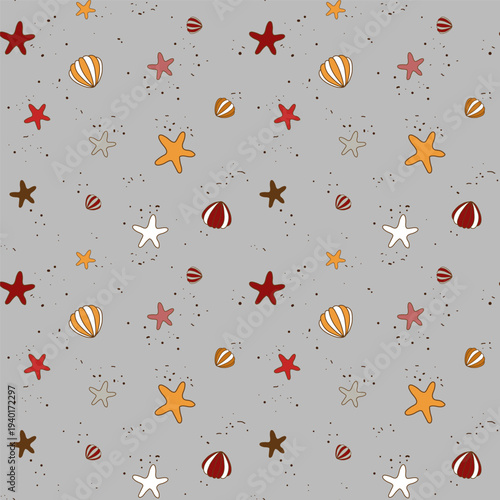 Beach pattern. Sea background. Seamless vector illustration with starfish ocean shells on grey color. Repeating summer marine life figures abstract wallpaper