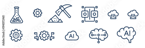 AI research and data mining icons – Suitable for industrial automation, engineering, or computer science education.
