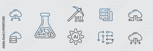 Tech blue AI laboratory icons – Great for medical research, algorithm tuning, or neural network training materials.