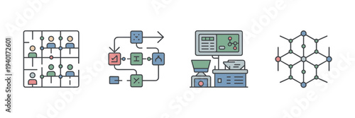 Agent based modeling simulation icons – Suitable for scientific research, data clusters, or system dynamics.