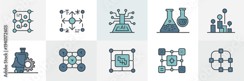 AI research lab and data modeling icon sheet – Perfect for academic presentations, process automation, or algorithms.
