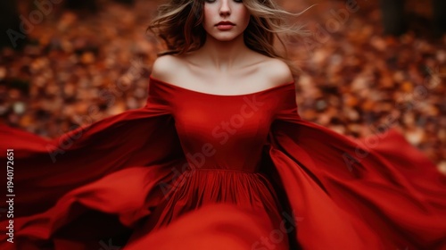 A stunning woman wears a flowing red dress, embodying grace and elegance as she moves among fallen leaves, showcasing beauty and the essence of autumn.