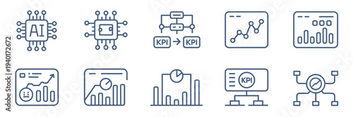 Autonomous decision engine outline icons – Perfect for enterprise software, AI brain chips, or predictive models.