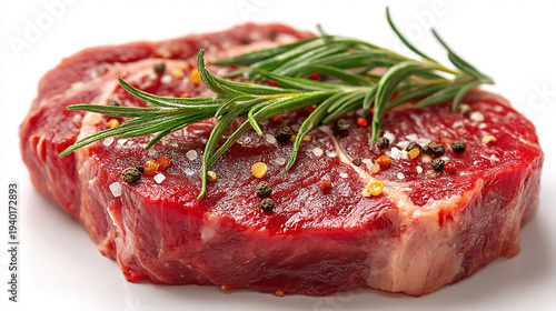 A raw steak seasoned with herbs and spices for a gourmet meal
