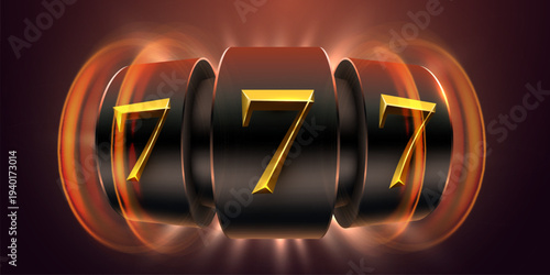 Golden lucky seven on slot machine reels. A symbol of big win and jackpot in casino game. Vector illustration