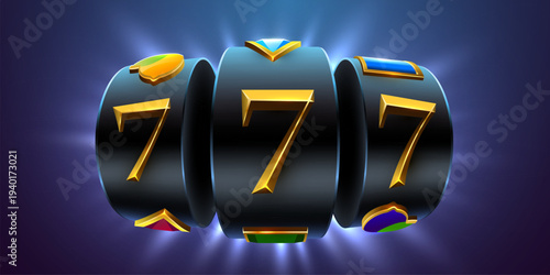 Triple Lucky Seven Golden Jackpot on Slot Machine Reels. Casino win concept. A graphic of a winning moment, gamble, luck. Vector illustration.
