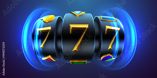 Golden lucky seven jackpot on slot machine reels with glowing blue light. Casino game concept. Vector illustration