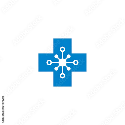  Medical cross logo with digital network hub connections, healthcare technology innovation icon, telemedicine smart hospital symbol modern vector design